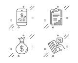 Fototapeta  - Money bag, Mobile finance and Checklist line icons set. Credit card sign. Usd currency, Phone accounting, Graph report. Loan percent. Finance set. Line money bag outline icon. Vector