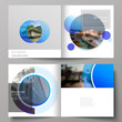 © Raevsky Lab - The vector illustration of the editable layout of two covers templates for square design bifold brochure, magazine, flyer, booklet. Creative modern blue background with circles and round shapes.