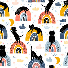 Black Cats And Rainbows Fantasy Seamless Pattern. Scandinavian Style Design On White Background For Fabric Design