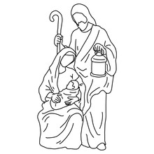 Christmas Nativity Scene Of Joseph With Cane And Mary Holding Baby Jesus Vector Illustration Sketch Doodle Hand Drawn With Black Lines Isolated On White Background