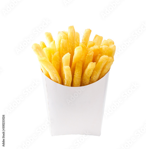 Fotografía French fries in a white carton box isolated on white background