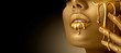 Leinwandbild Motiv Gold Paint smudges drips from the face lips and hand, lipgloss dripping from sexy lips, golden liquid drops on beautiful model girl's mouth, gold metallic skin make-up. Beauty woman makeup close up