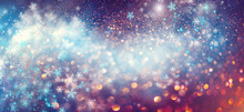 Christmas And New Year Glittering Winter Snow Flakes Swirl Bokeh Background, Backdrop With Sparkling Blue Stars, Holiday Garland, Magic Glowing Stars, Lights. Abstract Glitter Blinking Sparks