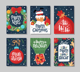 set of christmas and new year greeting card with lettering hand drawn decorative elements on dark bl