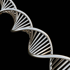 DNA chain spiral in brushed white gold material, isolated on black background, concept of genetic engineering, research, 3d rendering, 3d illustration