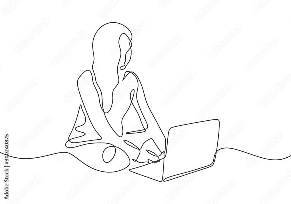 Continuous one line drawing of girl sitting with laptop. Casual woman doing freelance job work at home. - obrazy, fototapety, plakaty 