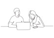 © ngupakarti - Continuous one line drawing of business concept. Man and woman sitting with laptop. Creative work of discussion, client meeting, creative thinking and strategy.