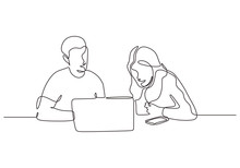 Continuous One Line Drawing Of Business Concept. Man And Woman Sitting With Laptop. Creative Work Of Discussion, Client Meeting, Creative Thinking And Strategy.