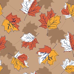 modern allover seamless repeat pattern with tossed dark outlined maple leaves in fall colors and slh