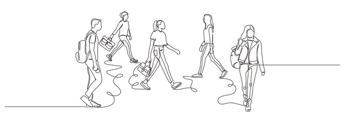 Urban commuters one continuous line drawing minimalism design sketch hand drawn vector illustration. People walking before or after work time on city street.