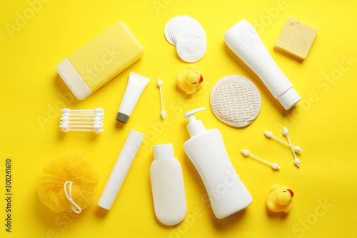 Cuadros en Lienzo Flat lay composition with baby cosmetic products on yellow background