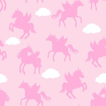 Seamless Repeat Pattern With Pastel Pink Winged Unicorns Pegacorns Silhouettes Flying In Pink Sky With Clouds