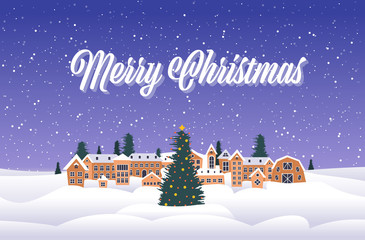 Wall Mural - merry christmas happy new year holiday celebration greeting card cute houses snowy town on winter background horizontal vector illustration