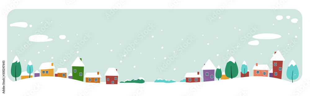 cute houses snowy town on winter background merry christmas happy new year holiday celebration concept greeting card horizontal banner vector illustration - obrazy, fototapety, plakaty 