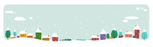 Cute Houses Snowy Town On Winter Background Merry Christmas Happy New Year Holiday Celebration Concept Greeting Card Horizontal Banner Vector Illustration