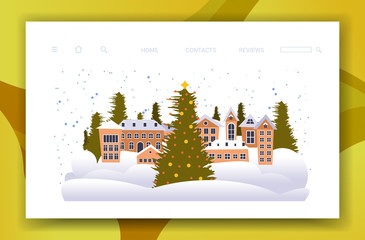 Wall Mural - merry christmas happy new year holiday celebration greeting card cute houses snowy town on winter background copy space horizontal vector illustration