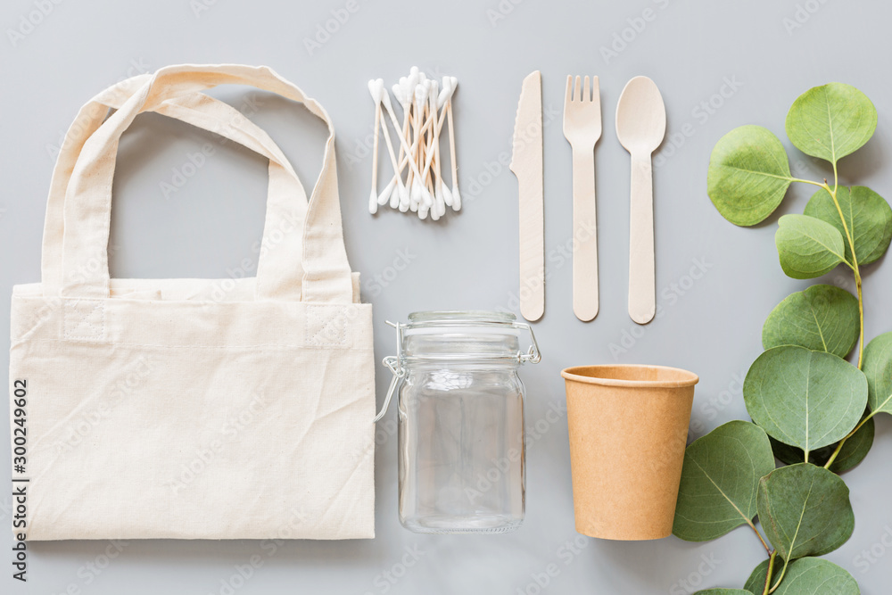 eco natural products flat lay on gray background. sustainable lifestyle ...