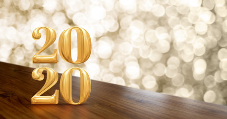 Poster - Happy new year 2020 gold glossy (3d rendering ) on angle wood table with sparkling gold bokeh wall,banner for display of product for holiday promotion advertise