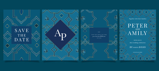 Navy Blue Luxury Wedding Invitation, floral invite thank you, rsvp modern card Design in Blue Geometric shape with golden line decorative Vector elegant rustic template