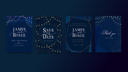 set of navy Blue Universe Wedding Invitation, universe invite thank you, rsvp modern card Design in little star light in the sky, space Vector elegant rustic template