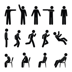 Wall Mural - stick figure people in various poses, isolated human silhouettes, a man stands, sits, runs and falls