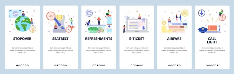 Wall Mural - mobile app onboarding screens. travel by airplane around the world, fasten seatbelt, flight meal, ai