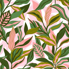 tropical leaves hand drawn seamless pattern. botanical trendy design in pink and green colors. vecto