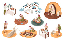 Set Of Isolated Icons For Archeology Job And Paleontology Profession. Isometric Signs With Archeologist And Paleontologist With Dinosaur Bones. Archaeologist Tools, Brush, Shovel. Dig And Excavation