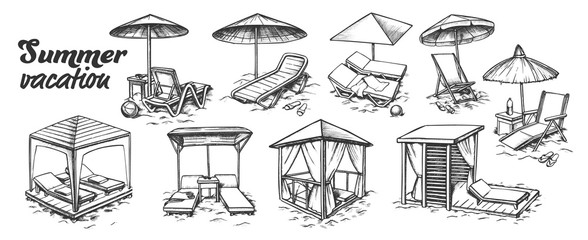 Canvas Print - Summer Vacation Beach Furniture Set Retro Vector. Collection Of Different Comfortable Beach Chairs. Lounge And Resort Place Engraving Template Hand Drawn In Vintage Style Monochrome Illustrations