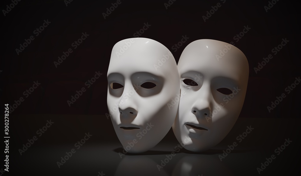 White theater masks on black background. 3D rendered illustratio - obrazy, fototapety, plakaty 