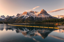 Mount Lawrence Grassi In Canadian Rockies Reflection On Reservoir In The Morning At Rundle Forebay