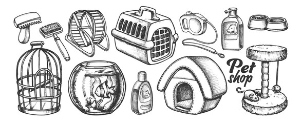 Wall Mural - Pet Shop Equipment Assortment Monochrome Vector. Aquarium And Birdcage, Running Wheel And Food Bowl, Scratcher And Carrier. Engraving Template Hand Drawn In Vintage Style Black And White Illustration