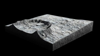 Wall Mural - cross section of a crater on the surface of the Moon, terrain model isolated on black background