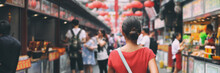 China Food Market Street In Beijing. Chinese Tourist Walking In City Streets On Asia Vacation Tourism. Asian Woman Travel Lifestyle Panoramica Banner.