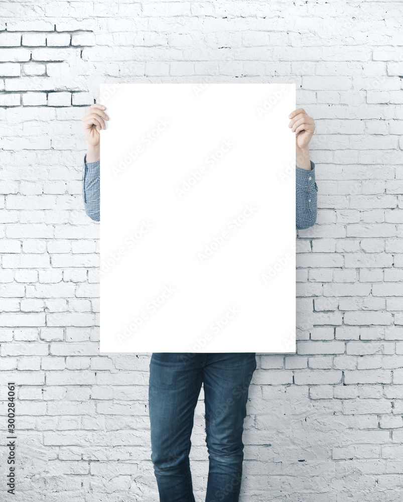 Man holding blank banner - obrazy, fototapety, plakaty 