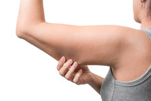 Asian Woman Pinching Arm Fat Flabby Skin Isoloate On White Background, With Clipping Path.