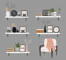 Set Of Wall Shelves For A Scandinavian-style Living Room Interior With Flower Pots, Vase With A Branch, Books, Clock And Paintings. Vector Flat Illustration.