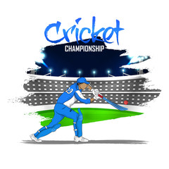 Wall Mural - Stadium background with Cricketer in playing action.