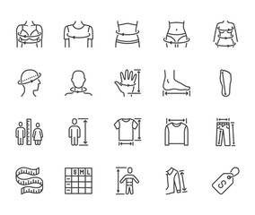 clothes size flat line icons set. body measurement waist circumference, hip, chest, sleeve length, h