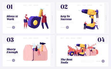 Wall Mural - Handyman Engineering Occupation Website Landing Page Set. Architect or Engineer Workers Characters Holding Huge Instruments for Home Renovation Works Web Page Banner. Cartoon Flat Vector Illustration