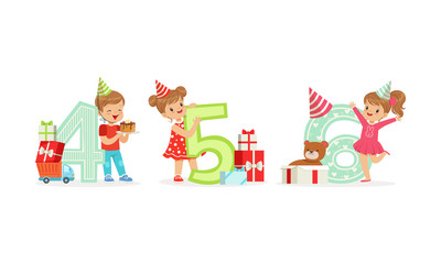 Poster - Children in party hats are standing next to large numbers. Vector illustration on a white background.