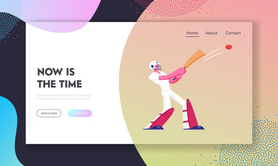 cricket outdoors activity website landing page. youth tournament in college. sportsman cricketer bat