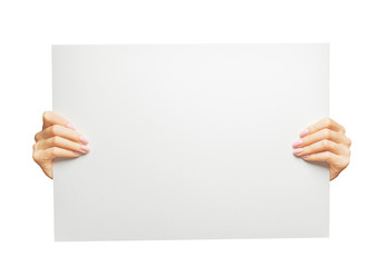 Female hands holding blank poster, copy-space.