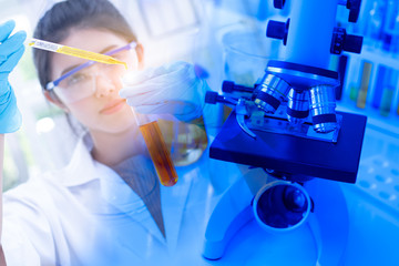 double exposure women scientist research and test in laboratory with microscope for scientific research, science concept.