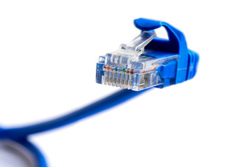 Connector rj-45 on blue patch cord for network LAN ethernet connection. Snake-shaped plug. Close-up macro isolated on white background.