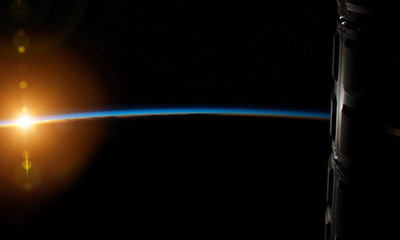 Wall Mural - view of planet earth horizon from a space station window during a sunrise 3d rendering elements of t