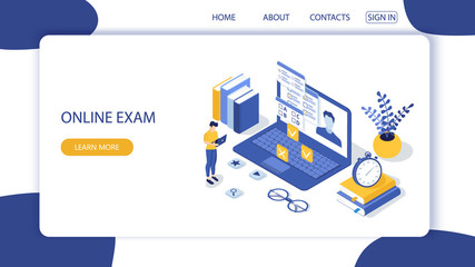 Landing page with design template for questionnaire form, online education survey. Online exam computer web app. Education, knowledge vector concept.