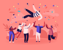 Friends Birthday Party, Business Success Congratulation. Team Of Young People Tossing Up In Air Man With Confetti Flying Around. People Celebrating Victory Achievement Cartoon Flat Vector Illustration