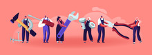 Professional Construction Workers With Tools. Tiny Characters In Uniform Overalls Standing In Row With Huge Instruments And Equipment For Home Repair And Renovation. Cartoon Flat Vector Illustration