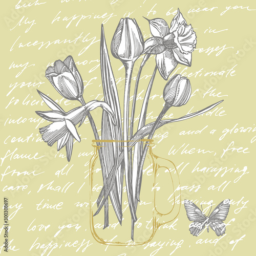Tulips and Narcissus flowers bouquet isolated on white background. Set of dra...